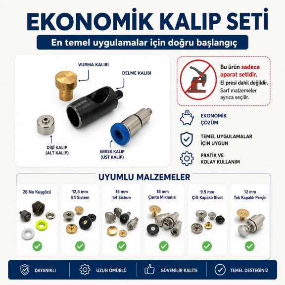 Süper Ekonomik Çanta Yapım Kalıp Seti – Kuşgözü, Çıtçıt, Perçin ve Çanta Mıknatısı Aparatları CANTA-APARAT-SET-SUPER-EKO-01