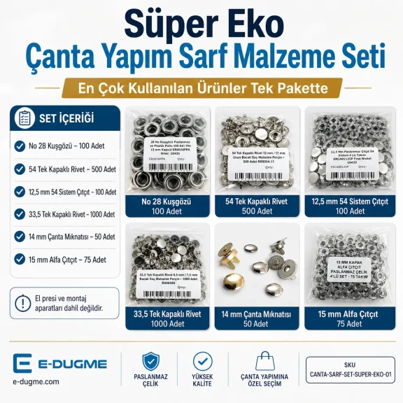 Süper Eko Çanta Yapım Sarf Malzeme Seti – Kuşgözü, Çıtçıt, Perçin ve Çanta Mıknatısı CANTA-SARF-SET-SUPER-EKO-01