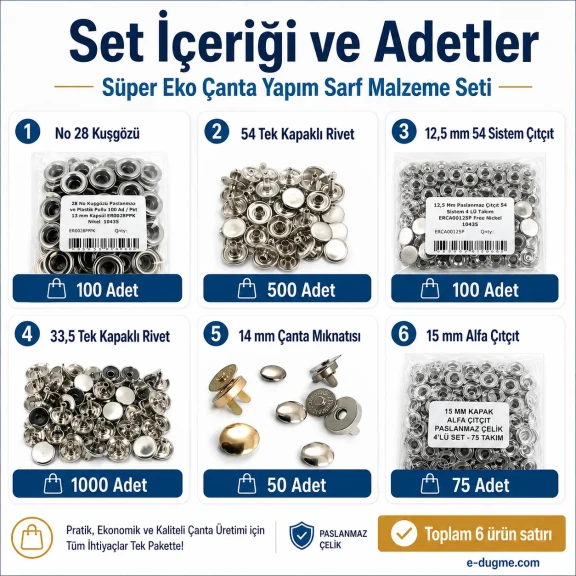 Süper Eko Çanta Yapım Sarf Malzeme Seti – Kuşgözü, Çıtçıt, Perçin ve Çanta Mıknatısı CANTA-SARF-SET-SUPER-EKO-01