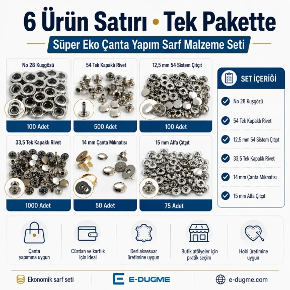 Süper Eko Çanta Yapım Sarf Malzeme Seti – Kuşgözü, Çıtçıt, Perçin ve Çanta Mıknatısı CANTA-SARF-SET-SUPER-EKO-01