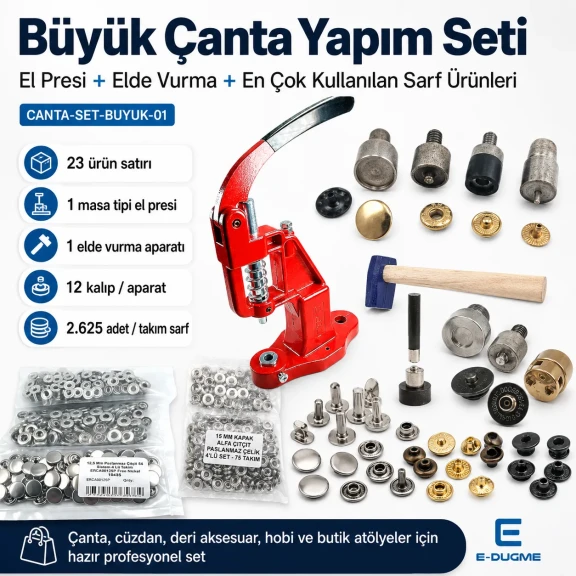 Büyük Çanta Yapım Seti – Çanta Mıknatısı, Çıtçıt, Perçin, Kuşgözü, El Presi ve Montaj Aparatları Dahil CANTA-SET-BUYUK-01