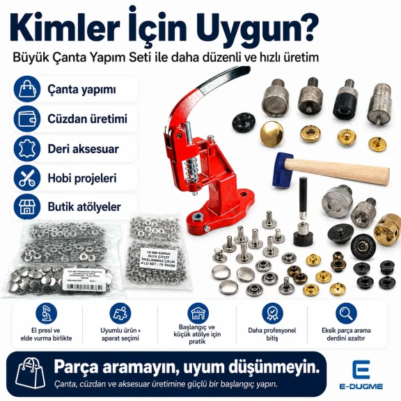 Büyük Çanta Yapım Seti – Çanta Mıknatısı, Çıtçıt, Perçin, Kuşgözü, El Presi ve Montaj Aparatları Dahil CANTA-SET-BUYUK-01