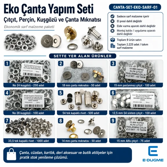 Eko Çanta Sarf Malzeme Seti - Çanta Mıknatısı, Çıtçıt, Perçin ve Kuşgözü ile Hobi Üretimi ve Butik Atölye Çalışmaları için