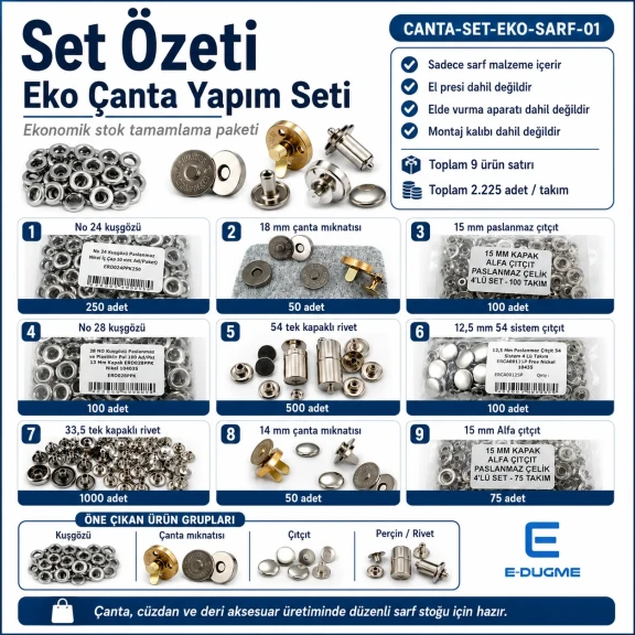 Eko Çanta Sarf Malzeme Seti - Çanta Mıknatısı, Çıtçıt, Perçin ve Kuşgözü ile Hobi Üretimi ve Butik Atölye Çalışmaları için