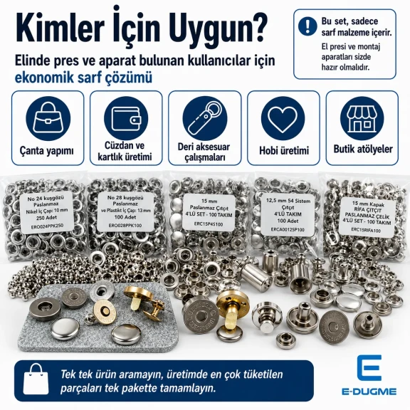 Eko Çanta Sarf Malzeme Seti - Çanta Mıknatısı, Çıtçıt, Perçin ve Kuşgözü ile Hobi Üretimi ve Butik Atölye Çalışmaları için