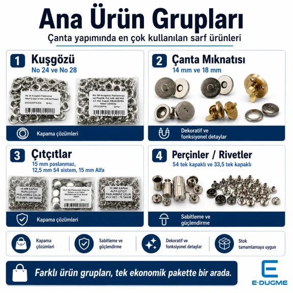 Eko Çanta Sarf Malzeme Seti - Çanta Mıknatısı, Çıtçıt, Perçin ve Kuşgözü ile Hobi Üretimi ve Butik Atölye Çalışmaları için