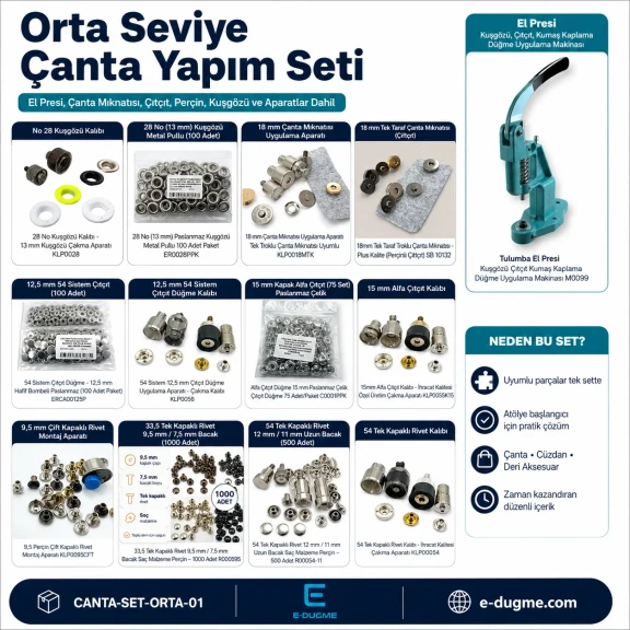 Orta Seviye Çanta Yapım Seti – El Presi, Çanta Mıknatısı, Çıtçıt, Perçin, Kuşgözü ve Aparatlar Dahil CANTA-SET-ORTA-01