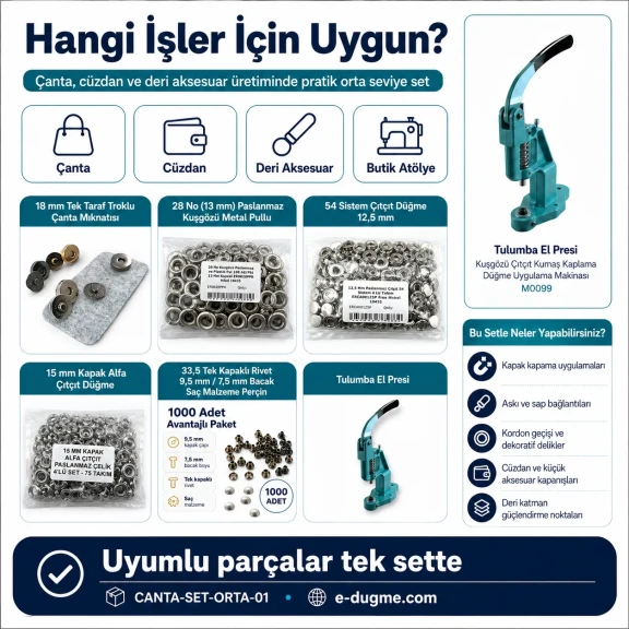 Orta Seviye Çanta Yapım Seti – El Presi, Çanta Mıknatısı, Çıtçıt, Perçin, Kuşgözü ve Aparatlar Dahil CANTA-SET-ORTA-01