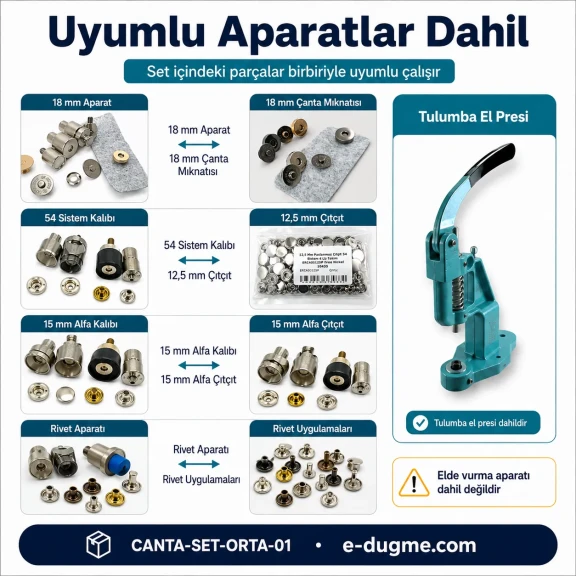 Orta Seviye Çanta Yapım Seti – El Presi, Çanta Mıknatısı, Çıtçıt, Perçin, Kuşgözü ve Aparatlar Dahil CANTA-SET-ORTA-01