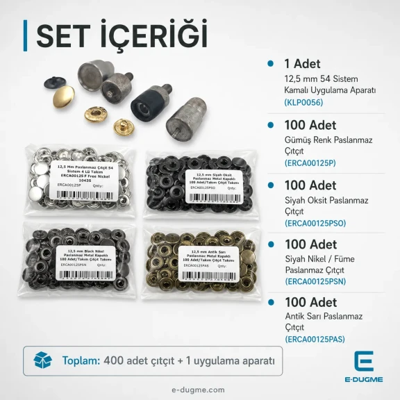12,5 mm Paslanmaz Çıtçıt Düğme Seti – 4 Renk 400 Adet + 54 Sistem Kamalı Uygulama Aparatı Dahil – El Presi Hariç CITCIT-SET-125MM-4RENK-KLP0056