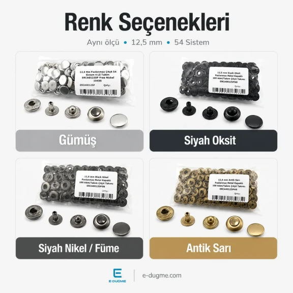 12,5 mm Paslanmaz Çıtçıt Düğme Seti – 4 Renk 400 Adet + 54 Sistem Kamalı Uygulama Aparatı Dahil – El Presi Hariç CITCIT-SET-125MM-4RENK-KLP0056
