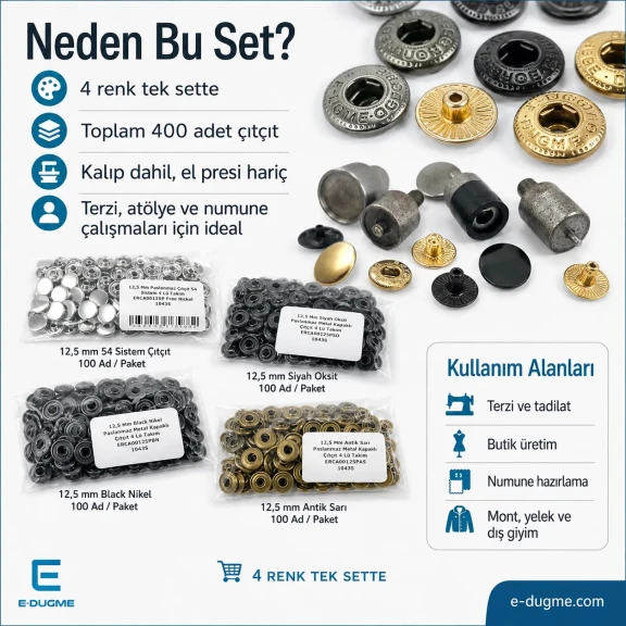 12,5 mm Paslanmaz Çıtçıt Düğme Seti – 4 Renk 400 Adet + 54 Sistem Kamalı Uygulama Aparatı Dahil – El Presi Hariç CITCIT-SET-125MM-4RENK-KLP0056