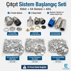 Snap Fastener System Sample Starter Set with Dies – 9.5 mm Klikit, 12.5 mm 54 System and 15 mm Alfa CITCIT-SISTEM-TANIMA-SET01