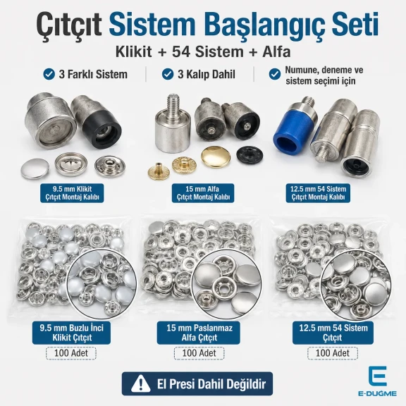 Snap Fastener System Sample Starter Set with Dies – 9.5 mm Klikit, 12.5 mm 54 System and 15 mm Alfa CITCIT-SISTEM-TANIMA-SET01