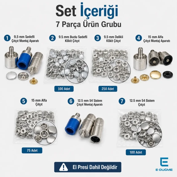 Snap Fastener System Sample Starter Set with Dies – 9.5 mm Klikit, 12.5 mm 54 System and 15 mm Alfa CITCIT-SISTEM-TANIMA-SET01