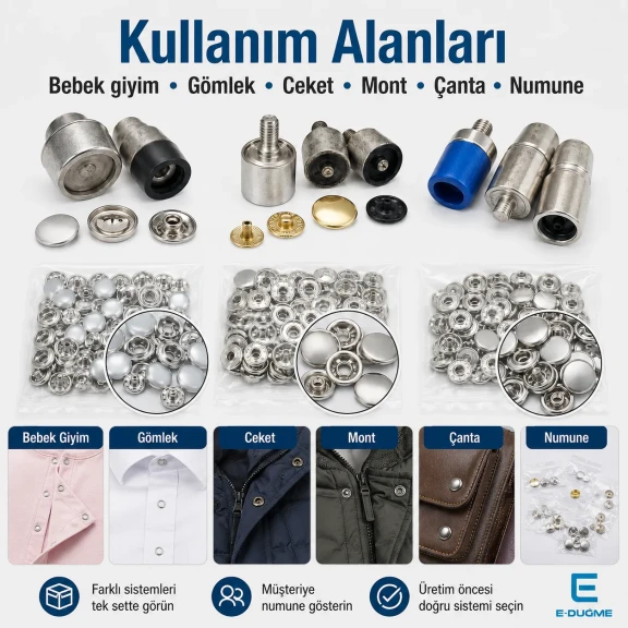 Snap Fastener System Sample Starter Set with Dies – 9.5 mm Klikit, 12.5 mm 54 System and 15 mm Alfa CITCIT-SISTEM-TANIMA-SET01