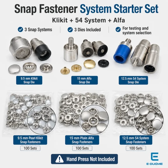 Snap Fastener System Sample Starter Set with Dies – 9.5 mm Klikit, 12.5 mm 54 System and 15 mm Alfa CITCIT-SISTEM-TANIMA-SET01
