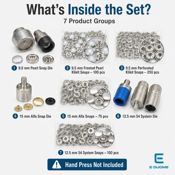 Snap Fastener System Sample Starter Set with Dies – 9.5 mm Klikit, 12.5 mm 54 System and 15 mm Alfa CITCIT-SISTEM-TANIMA-SET01