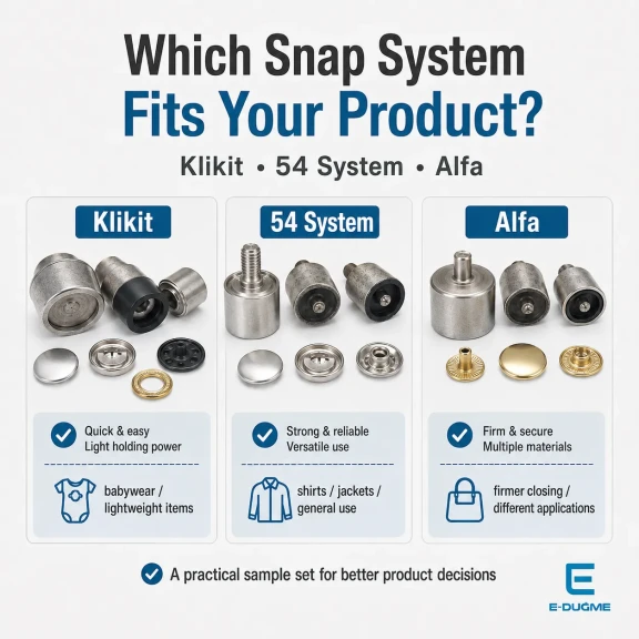 Snap Fastener System Sample Starter Set with Dies – 9.5 mm Klikit, 12.5 mm 54 System and 15 mm Alfa CITCIT-SISTEM-TANIMA-SET01