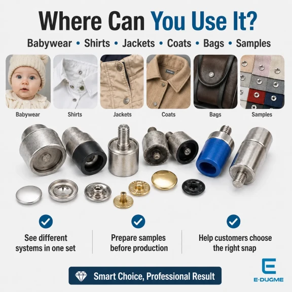 Snap Fastener System Sample Starter Set with Dies – 9.5 mm Klikit, 12.5 mm 54 System and 15 mm Alfa CITCIT-SISTEM-TANIMA-SET01