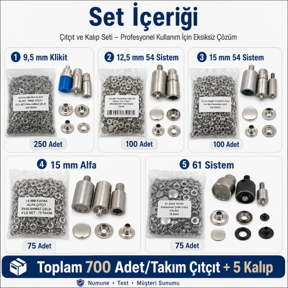 Professional Snap Fastener System Sample Starter Set with 5 Dies – Klikit, 54 System, Alfa and 61 System CITCIT-SISTEM-TANIMA-SET02
