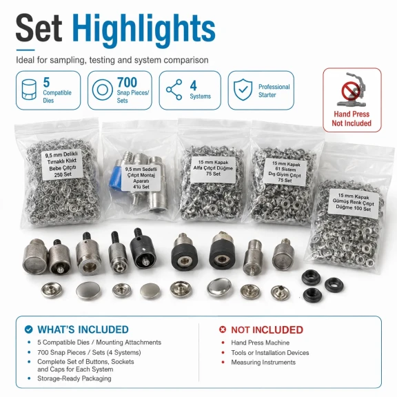 Professional Snap Fastener System Sample Starter Set with 5 Dies – Klikit, 54 System, Alfa and 61 System CITCIT-SISTEM-TANIMA-SET02