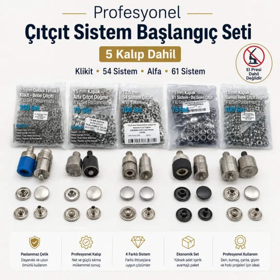 Professional Snap Fastener System Sample Starter Set with 5 Dies – Klikit, 54 System, Alfa and 61 System CITCIT-SISTEM-TANIMA-SET02