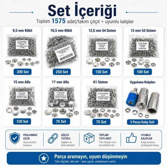 Professional Snap Fastener System Sample and Workshop Starter Set – Klikit, 54 System, Alfa and 61 System with Dies CITCIT-SISTEM-TANIMA-SET03