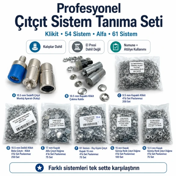Professional Snap Fastener System Sample and Workshop Starter Set – Klikit, 54 System, Alfa and 61 System with Dies CITCIT-SISTEM-TANIMA-SET03