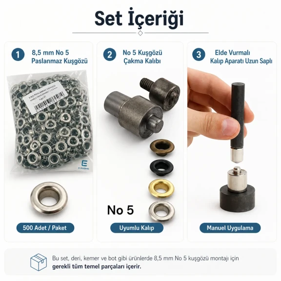 Deri, Kemer ve Bot Kuşgözü Seti – 8,5 mm Kuşgözü, Kalıp ve Elde Aparat Dahil DERI-KEMER-BOT-SET08