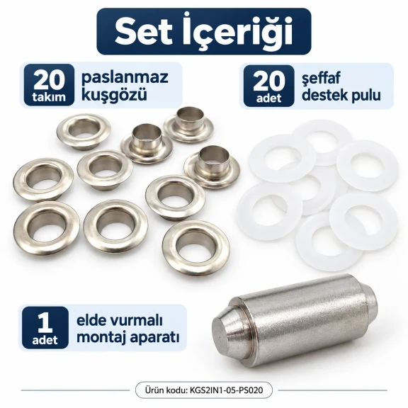 8 mm 5 No Paslanmaz Kuşgözü Elde Vurmalı Delme ve Çakma Seti – 20 Takım + Aparat KGS2IN1-05-PS020 8 mm 5 No Paslanmaz Kuşgözü Elde Vurmalı Delme ve Çakma Seti – 20 Takım + Aparat KGS2IN1-05-PS020