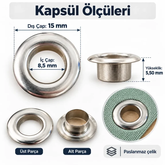 8 mm 5 No Paslanmaz Kuşgözü Elde Vurmalı Delme ve Çakma Seti – 50 Takım + Aparat KGS2IN1-05-PS050