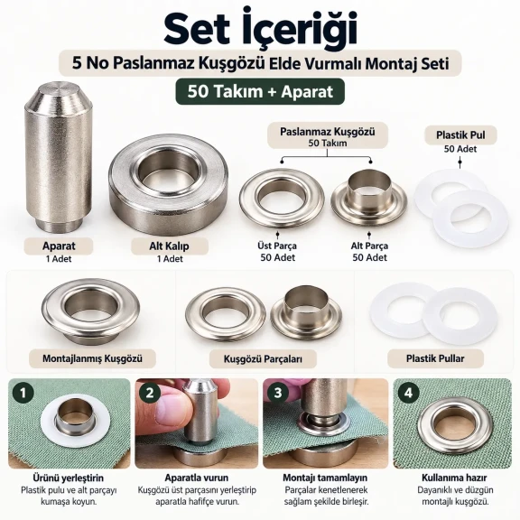 8 mm 5 No Paslanmaz Kuşgözü Elde Vurmalı Delme ve Çakma Seti – 50 Takım + Aparat KGS2IN1-05-PS050 8 mm 5 No Paslanmaz Kuşgözü Elde Vurmalı Delme ve Çakma Seti – 50 Takım + Aparat KGS2IN1-05-PS050