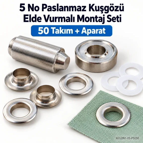 8 mm 5 No Paslanmaz Kuşgözü Elde Vurmalı Delme ve Çakma Seti – 50 Takım + Aparat KGS2IN1-05-PS050
