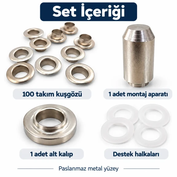 8 mm 5 No Paslanmaz Kuşgözü Elde Vurmalı Delme ve Çakma Seti – 100 Takım + Aparat KGS2IN1-05-PS100