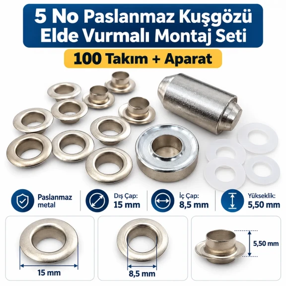 8 mm 5 No Paslanmaz Kuşgözü Elde Vurmalı Delme ve Çakma Seti – 100 Takım + Aparat KGS2IN1-05-PS100