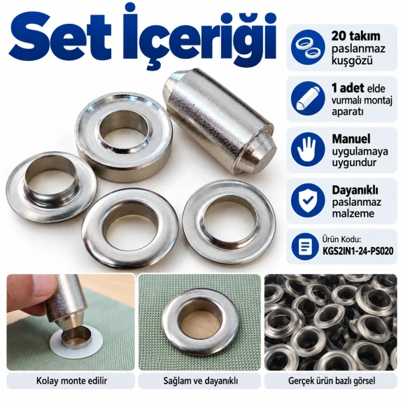 9.5 mm 24 No Paslanmaz Kuşgözü Elde Vurmalı Delme ve Çakma Seti – 20 Takım + Aparat KGS2IN1-24-PS020