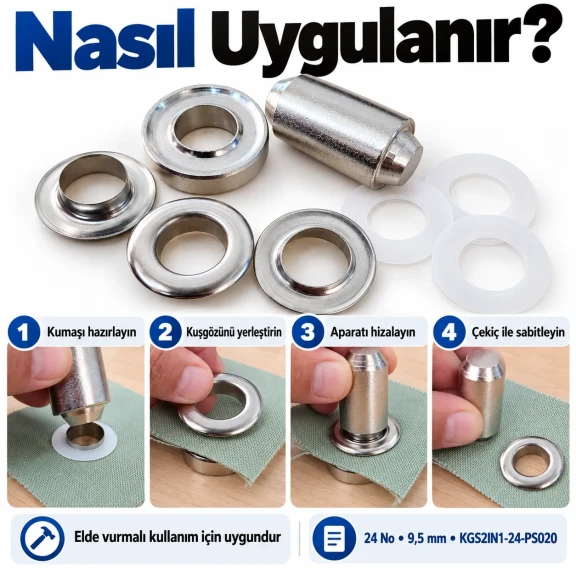 9.5 mm 24 No Paslanmaz Kuşgözü Elde Vurmalı Delme ve Çakma Seti – 20 Takım + Aparat KGS2IN1-24-PS020