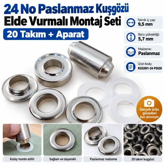 9.5 mm 24 No Paslanmaz Kuşgözü Elde Vurmalı Delme ve Çakma Seti – 20 Takım + Aparat KGS2IN1-24-PS020