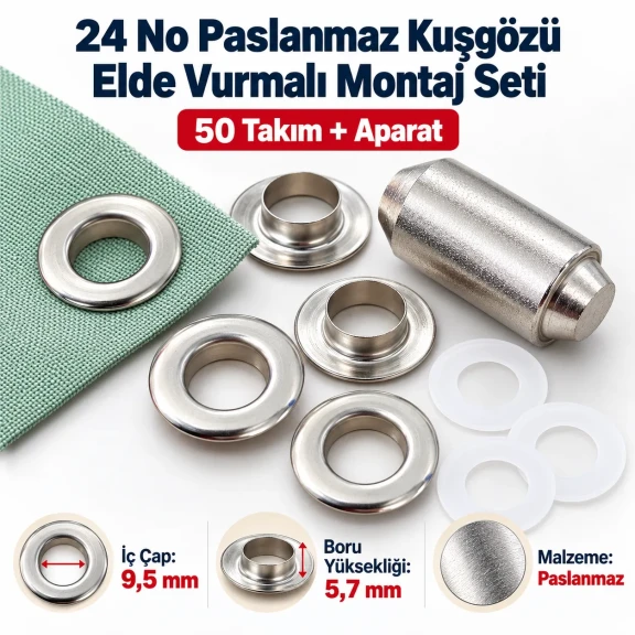 9.5 mm 24 No Paslanmaz Kuşgözü Elde Vurmalı Delme ve Çakma Seti – 50 Takım + Aparat KGS2IN1-24-PS050