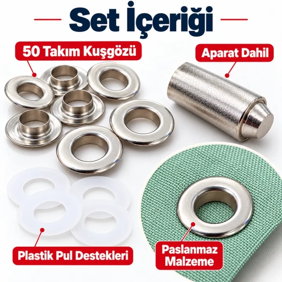 9.5 mm 24 No Paslanmaz Kuşgözü Elde Vurmalı Delme ve Çakma Seti – 50 Takım + Aparat KGS2IN1-24-PS050
