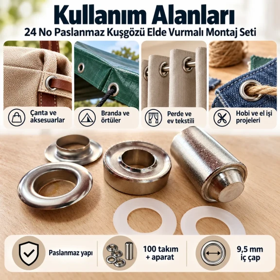 9.5 mm 24 No Paslanmaz Kuşgözü Elde Vurmalı Delme ve Çakma Seti – 100 Takım + Aparat KGS2IN1-24-PS100