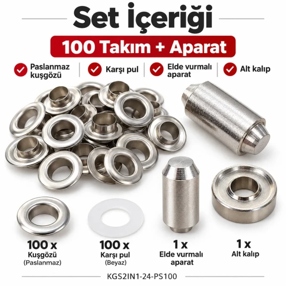 9.5 mm 24 No Paslanmaz Kuşgözü Elde Vurmalı Delme ve Çakma Seti – 100 Takım + Aparat KGS2IN1-24-PS100