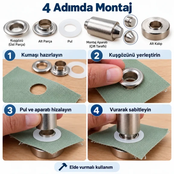 9.5 mm 24 No Paslanmaz Kuşgözü Elde Vurmalı Delme ve Çakma Seti – 100 Takım + Aparat KGS2IN1-24-PS100