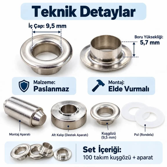 9.5 mm 24 No Paslanmaz Kuşgözü Elde Vurmalı Delme ve Çakma Seti – 100 Takım + Aparat KGS2IN1-24-PS100