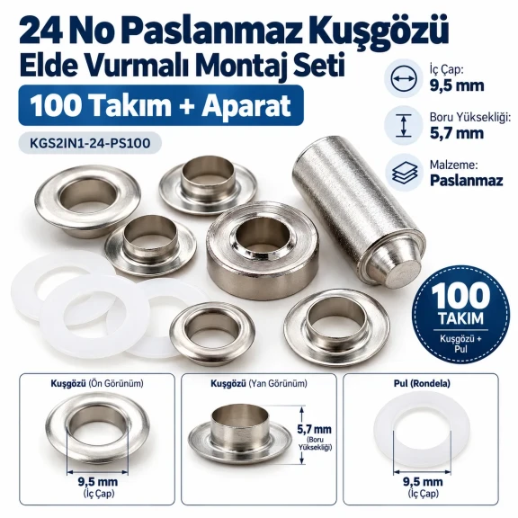 9.5 mm 24 No Paslanmaz Kuşgözü Elde Vurmalı Delme ve Çakma Seti – 100 Takım + Aparat KGS2IN1-24-PS100