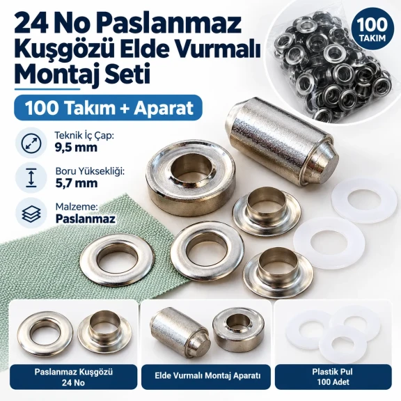 9.5 mm 24 No Paslanmaz Kuşgözü Elde Vurmalı Delme ve Çakma Seti – 100 Takım + Aparat KGS2IN1-24-PS100