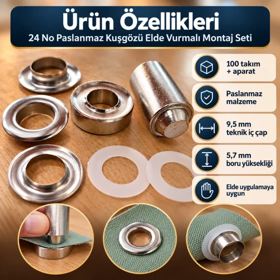 9.5 mm 24 No Paslanmaz Kuşgözü Elde Vurmalı Delme ve Çakma Seti – 100 Takım + Aparat KGS2IN1-24-PS100