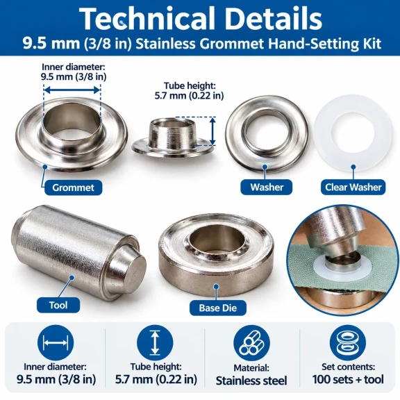9.5 mm 24 No Paslanmaz Kuşgözü Elde Vurmalı Delme ve Çakma Seti – 100 Takım + Aparat KGS2IN1-24-PS100