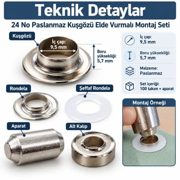 9.5 mm 24 No Paslanmaz Kuşgözü Elde Vurmalı Delme ve Çakma Seti – 100 Takım + Aparat KGS2IN1-24-PS100